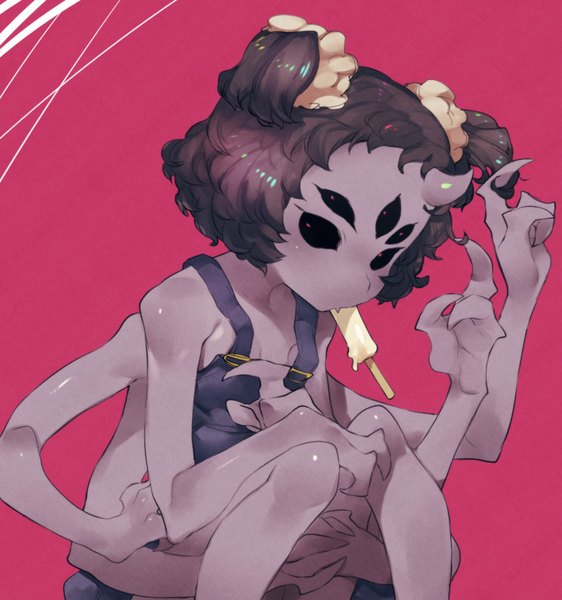 イラスト 850x907 と undertale muffet ノラサメ ソロ 長身像 短い髪 黒髪 simple background 座る ツインテール 角 looking down short twintails pink background monster girl eyes denim grey skin insect girl 女の子