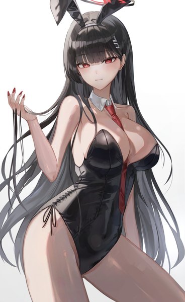 Anime picture 2436x3977 with blue archive rio (blue archive) jaduade single long hair tall image looking at viewer blush fringe highres breasts light erotic black hair simple background red eyes large breasts standing white background animal ears nail polish