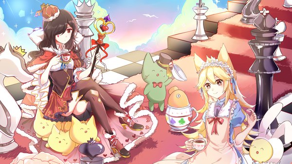 Anime picture 7156x4025 with alice in wonderland mogeko castle mogeko (mogeko castle) moge-ko kurai yonaka defect mogeko xinghuo long hair blush fringe highres blonde hair smile brown hair wide image sitting multiple girls holding brown eyes animal ears