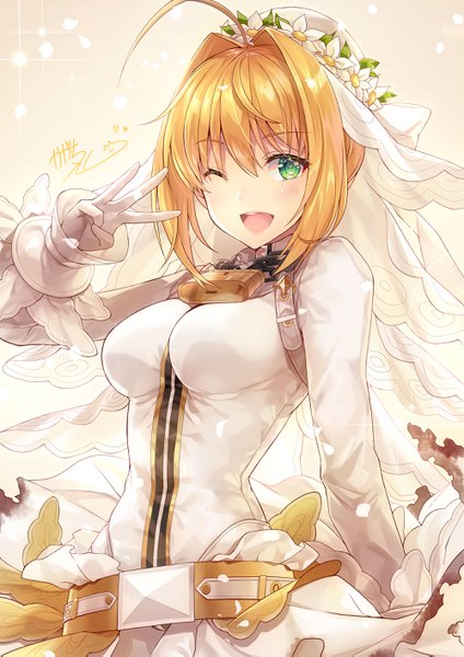 Anime picture 2000x2829 with fate (series) fate/extra fate/extra ccc nero claudius (fate) (all) nero claudius (bride) (fate) kagachi saku single tall image looking at viewer blush fringe highres short hair breasts open mouth simple background blonde hair smile hair between eyes green eyes