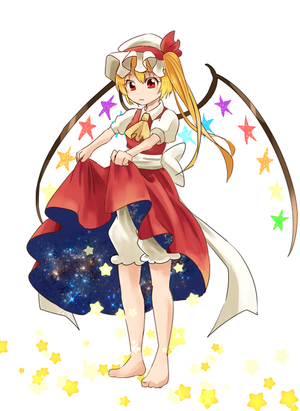 Anime picture 1265x1733 with touhou flandre scarlet inamori (inari00000) single long hair tall image fringe short hair simple background blonde hair red eyes standing white background looking away full body barefoot short sleeves puffy sleeves side ponytail looking down