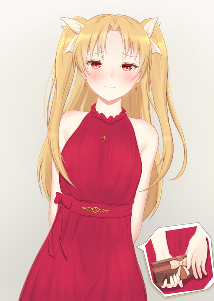 Anime picture 1000x1400 with fate (series) fate/grand order ereshkigal (fate) obustat single long hair tall image looking at viewer blush fringe blonde hair simple background red eyes standing bare shoulders light smile two side up sleeveless gradient background hands behind back