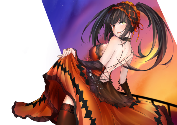 Anime picture 4961x3508 with date a live tokisaki kurumi mr2d single long hair looking at viewer blush fringe highres breasts open mouth light erotic black hair simple background smile hair between eyes red eyes standing twintails bare shoulders
