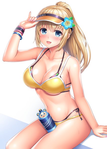 Anime picture 632x878 with star ocean star ocean anamnesis evelysse (star ocean) beach evelysse lambda (kusowarota) single long hair tall image looking at viewer blush fringe breasts open mouth blue eyes light erotic simple background blonde hair smile hair between eyes white background