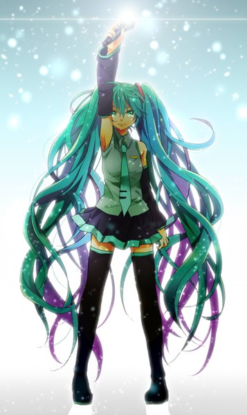 Anime picture 1000x1680 with vocaloid hatsune miku ryou (fallxalice) single tall image looking at viewer fringe twintails very long hair aqua eyes aqua hair girl thighhighs skirt detached sleeves shirt necktie boots thigh boots microphone