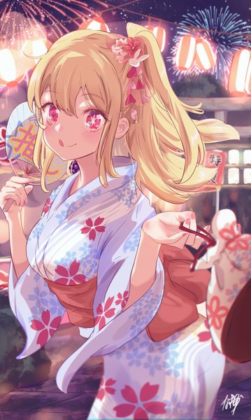 Anime picture 1816x3035 with oshi no ko hoshino ruby nazmocha single long hair tall image fringe highres blonde hair hair between eyes looking away outdoors traditional clothes japanese clothes pink eyes one side up :q fireworks girl hair ornament