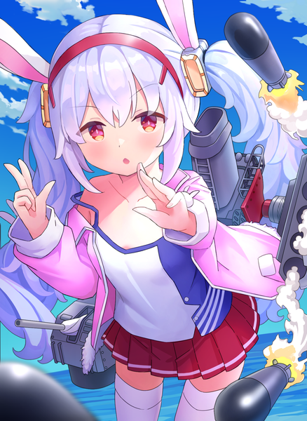 Anime-Bild 1217x1668 mit azur lane laffey (azur lane) nomio single long hair tall image looking at viewer red eyes twintails animal ears sky silver hair cloud (clouds) pleated skirt :o bunny ears strap slip girl thighhighs skirt