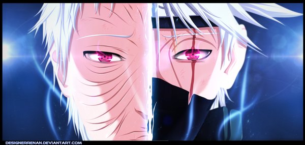 Anime picture 1786x850 with naruto studio pierrot naruto (series) hatake kakashi uchiha obito tobi designerrenan highres short hair wide image white hair pink eyes coloring glowing light scar close-up face glowing eye (eyes) multiview