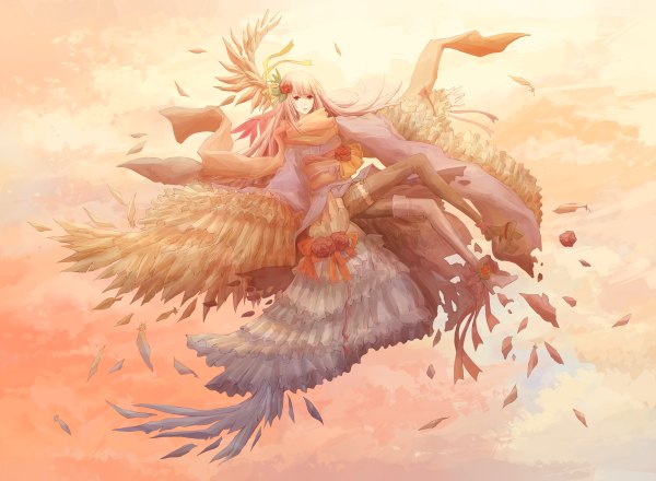 Anime picture 2400x1760 with original juuyonkou single long hair looking at viewer highres blonde hair brown eyes girl thighhighs dress flower (flowers) scarf feather (feathers)