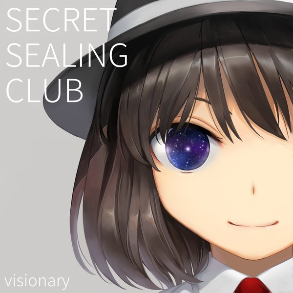 Anime picture 1000x1000 with touhou usami renko suna (s73d) single looking at viewer fringe short hair black hair simple background smile hair between eyes grey background text close-up face english space shiny girl hat