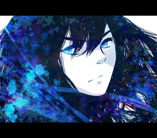 Anime picture 3036x2670 with d.gray-man kanda yuu single long hair fringe highres blue eyes black hair absurdres portrait face pale skin leaf (leaves)