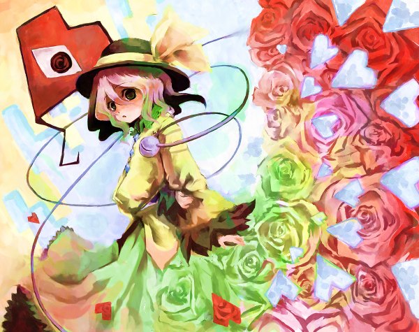 Anime picture 1200x950 with touhou komeiji koishi ast (artist) single short hair green eyes pink hair eyes girl dress hat heart rose (roses)