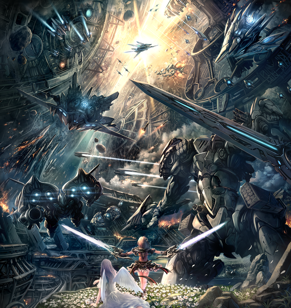 Anime picture 2125x2250 with original soraizumi long hair tall image highres short hair brown hair standing sitting multiple girls holding looking away purple hair cloud (clouds) from behind sunlight landscape angel wings fantasy scenic