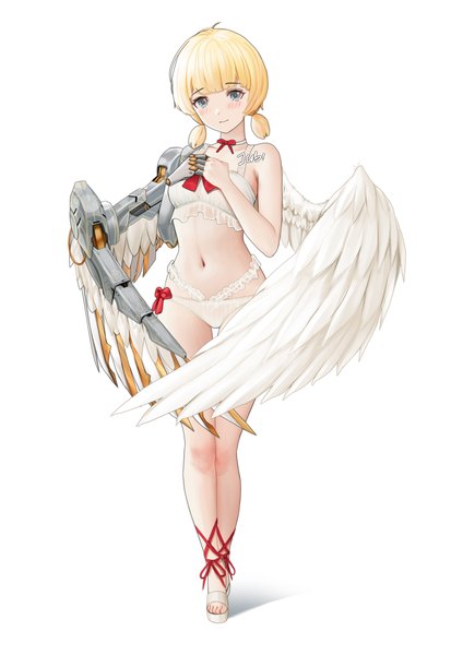 Anime-Bild 2480x3508 mit original cassie (acerailgun) jubi (regiana) single tall image looking at viewer blush highres short hair breasts blue eyes light erotic simple background blonde hair smile standing white background twintails signed full body