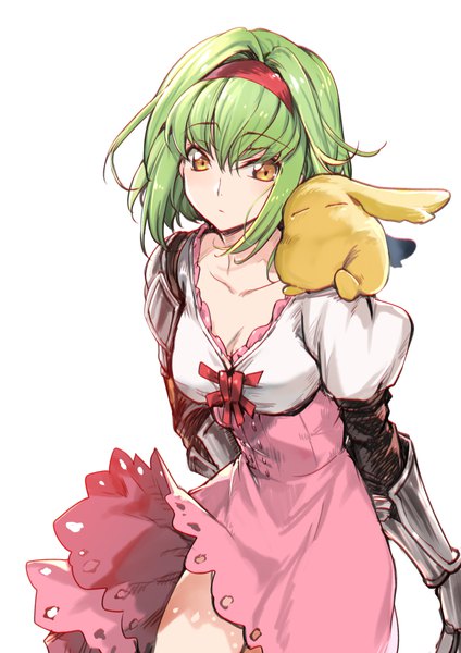 Anime picture 800x1131 with code geass sunrise (studio) c.c. cheese-kun creayus single tall image looking at viewer fringe short hair breasts simple background standing white background yellow eyes cleavage green hair sleeves past wrists alternate hairstyle cosplay