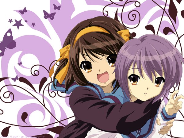 Anime picture 1600x1200 with suzumiya haruhi no yuutsu kyoto animation suzumiya haruhi nagato yuki vector purple background girl