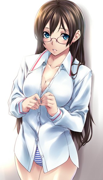 Anime picture 571x1000 with true tears yuasa hiromi nagayori single long hair tall image looking at viewer blush breasts blue eyes light erotic black hair large breasts cleavage open clothes open shirt undressing striped girl underwear