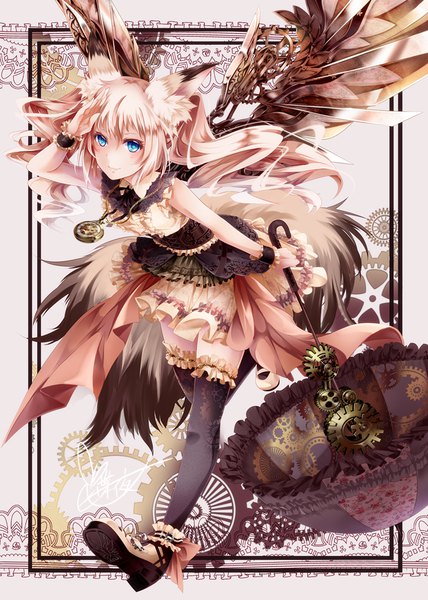 Anime picture 713x1000 with original tyouya single long hair tall image looking at viewer blush fringe blue eyes blonde hair smile hair between eyes standing twintails holding animal ears payot full body tail animal tail