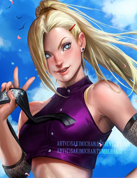 Anime picture 618x800 with naruto studio pierrot naruto (series) yamanaka ino sakimichan single long hair tall image looking at viewer blush fringe blue eyes blonde hair bare shoulders signed sky cloud (clouds) ponytail realistic hand on hip
