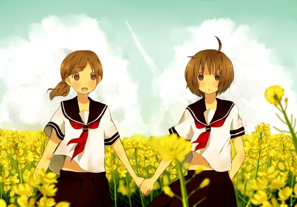Anime picture 1554x1087 with tamayo (artist) short hair open mouth brown hair multiple girls sky cloud (clouds) ahoge ponytail wind holding hands field girl skirt flower (flowers) 2 girls serafuku