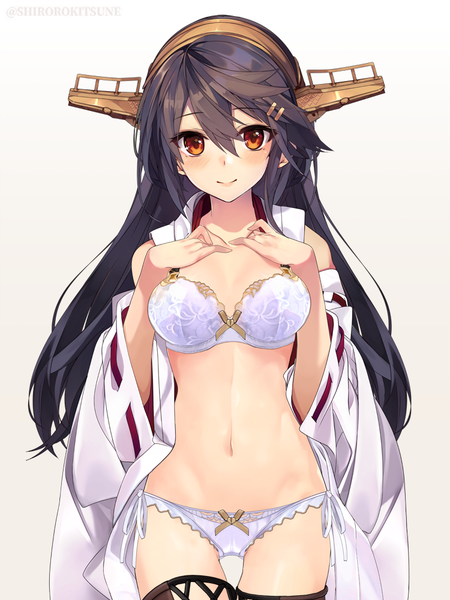 Anime picture 750x1000 with kantai collection haruna battleship shirokitsune single long hair tall image looking at viewer blush fringe breasts light erotic black hair simple background hair between eyes standing signed cleavage traditional clothes japanese clothes off shoulder