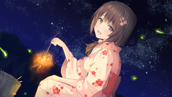 Anime picture 1920x1080 with original nanotaro single long hair looking at viewer blush fringe highres open mouth smile brown hair wide image holding brown eyes traditional clothes :d japanese clothes hair flower night wide sleeves
