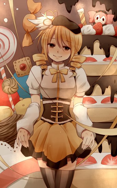 Anime picture 1108x1768 with mahou shoujo madoka magica shaft (studio) tomoe mami sora-1123 single tall image blonde hair smile yellow eyes drill hair girl dress food sweets beret cake