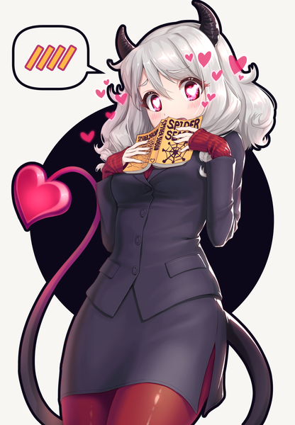 Anime picture 1500x2160 with helltaker modeus (helltaker) nyan c single long hair tall image looking at viewer blush silver hair tail pink eyes embarrassed symbol-shaped pupils side slit demon girl demon tail covered mouth heart-shaped pupils formal girl