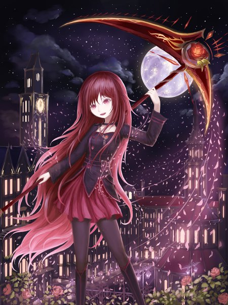 Anime picture 1356x1808 with original rinmmo single long hair tall image looking at viewer fringe breasts open mouth hair between eyes standing holding cloud (clouds) outdoors :d pleated skirt wind night night sky gradient hair
