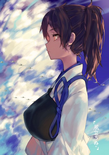 Anime picture 1122x1594 with kantai collection kaga aircraft carrier leung ka che single long hair tall image brown hair looking away sky cloud (clouds) upper body profile orange eyes side ponytail expressionless girl armor aircraft airplane breastplate