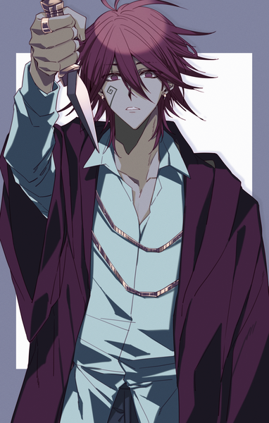 Anime picture 1000x1570 with mashle a-1 pictures carpaccio luo-yang sukaha (pixiv6351707) single tall image looking at viewer fringe short hair hair between eyes purple eyes purple hair upper body arm up facial mark boy weapon earrings ring dagger