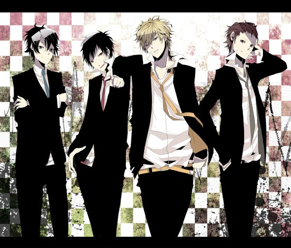 Anime picture 1700x1452 with durarara!! brains base (studio) orihara izaya heiwajima shizuo kishitani shinra kadota kyohei noel (pixiv) black hair blonde hair crossed arms hand in pocket checkered background boy shirt choker glasses necktie pants suit