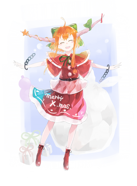 Anime picture 1179x1602 with touhou ibuki suika crazyoton46 single long hair tall image smile ahoge eyes closed horn (horns) orange hair christmas spread arms merry christmas girl chain gift santa claus costume gift box christmas present