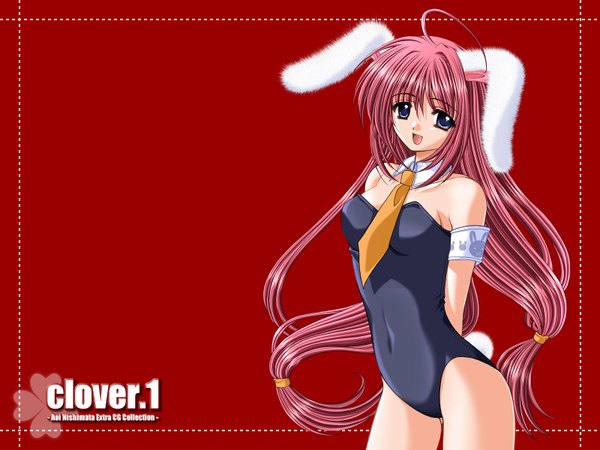 Anime picture 1600x1200 with nishimata aoi bunny girl red background girl bunnysuit clover (plant)
