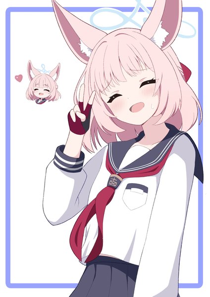 Anime picture 1191x1684 with blue archive niko (blue archive) zundamochi (sera) single tall image short hair open mouth simple background white background animal ears pink hair upper body eyes closed head tilt victory sweatdrop framed girl gloves uniform