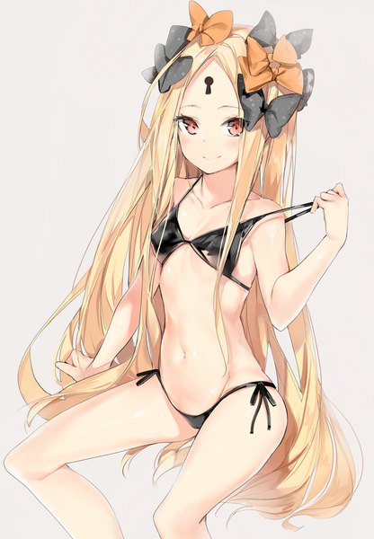 Anime picture 970x1400 with fate (series) fate/grand order abigail williams (fate) silver (chenwen) single long hair tall image looking at viewer blush fringe light erotic blonde hair simple background smile sitting brown eyes cleavage grey background arm support bikini pull