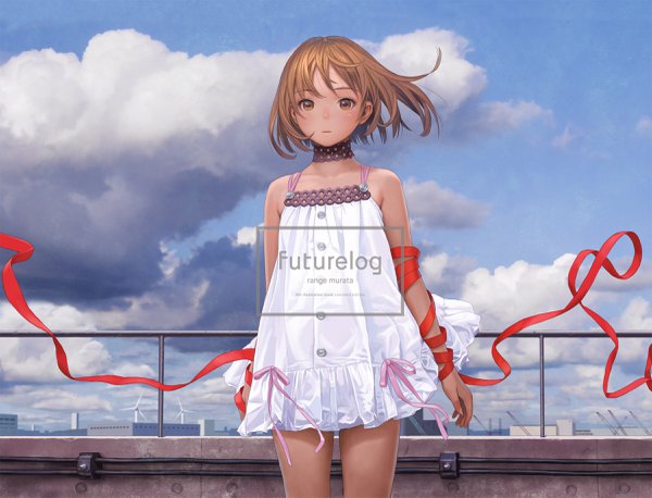 Anime picture 2400x1834 with original range murata single looking at viewer highres short hair brown hair standing bare shoulders brown eyes signed sky cloud (clouds) wind inscription sleeveless city girl dress ribbon (ribbons)