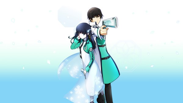 Anime picture 1920x1080 with mahouka koukou no rettousei shiba miyuki shiba tatsuya long hair fringe highres short hair blue eyes black hair brown hair wide image standing holding payot looking away long sleeves from above wind official art dutch angle