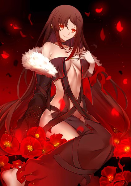 Anime picture 2480x3507 with fate (series) fate/grand order yu mei-ren (fate) paperfinger single long hair tall image looking at viewer fringe highres breasts light erotic hair between eyes red eyes brown hair large breasts sitting bare shoulders payot full body