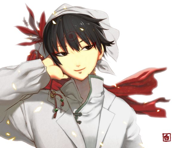 Anime picture 1229x1015 with hoozuki no reitetsu wit studio hakutaku (hoozuki no reitetsu) wadani hitonori single fringe short hair black hair simple background smile hair between eyes white background looking away upper body traditional clothes wind black eyes chinese clothes forehead mark hand on cheek