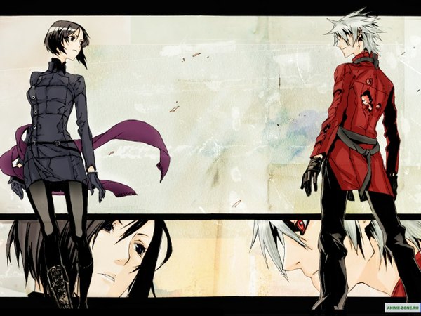 Anime picture 1280x960 with dogs: bullets & carnage david production haine rammsteiner fuyumine naoto short hair black hair red eyes white hair black eyes torn clothes girl boy jacket cloak