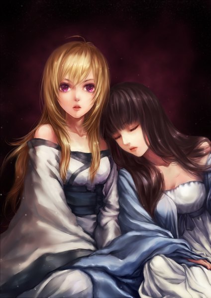 Anime picture 1200x1696 with original liiko long hair tall image looking at viewer open mouth black hair blonde hair bare shoulders multiple girls eyes closed pink eyes dark background girl dress 2 girls