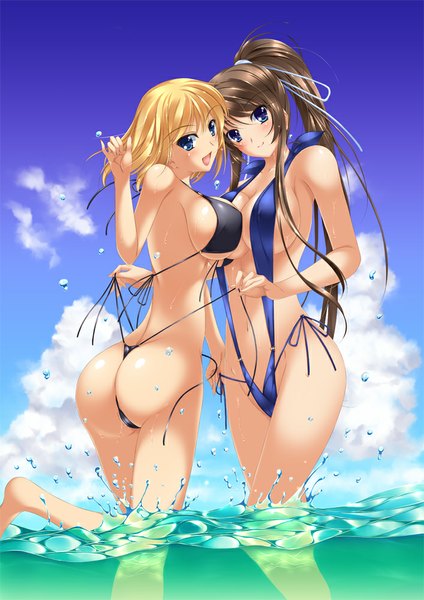 Anime picture 707x1000 with original asanuma katsuaki long hair tall image looking at viewer blush short hair breasts open mouth blue eyes light erotic blonde hair brown hair large breasts multiple girls sky cloud (clouds) ass girl 2 girls