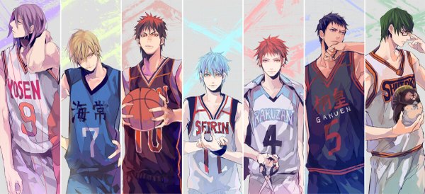 Anime picture 1200x549 with kuroko no basket production i.g kuroko tetsuya kise ryouta aomine daiki akashi seijuurou midorima shintarou murasakibara atsushi kagami taiga megane hoata looking at viewer short hair blue eyes black hair blonde hair red eyes wide image blue hair looking away purple hair