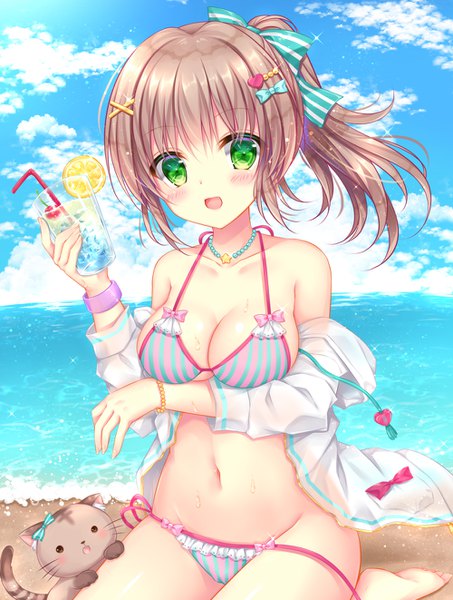 Anime picture 1000x1322 with original kohinata hoshimi single long hair tall image looking at viewer blush fringe open mouth light erotic hair between eyes brown hair sitting holding green eyes sky cloud (clouds) outdoors ponytail off shoulder