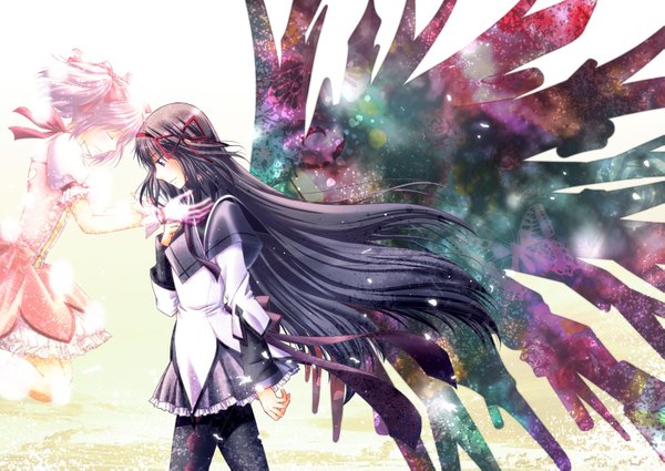 Anime picture 1517x1075 with mahou shoujo madoka magica shaft (studio) akemi homura kaname madoka souka senbei (artist) long hair short hair black hair purple eyes multiple girls pink hair eyes closed ghost girl ribbon (ribbons) 2 girls hair ribbon