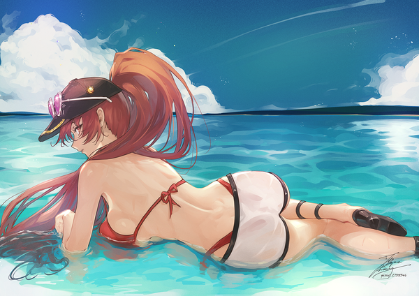 Anime picture 1500x1061 with virtual youtuber hololive houshou marine houshou marine (summer) fadingz single long hair looking at viewer fringe breasts light erotic hair between eyes large breasts signed sky cloud (clouds) outdoors ponytail red hair lying