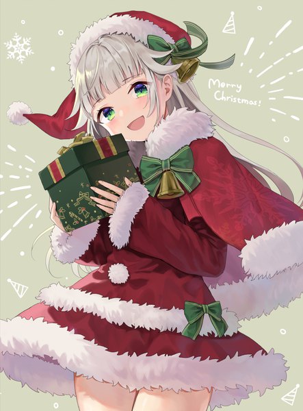 Anime picture 1108x1500 with virtual youtuber indie virtual youtuber shigure mito asahi yuuji single long hair tall image looking at viewer fringe open mouth holding green eyes silver hair blunt bangs :d christmas merry christmas girl hat bell