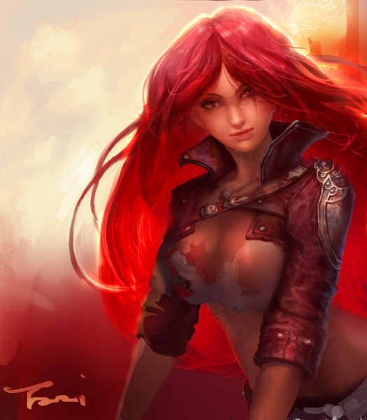 Anime picture 4134x4724 with league of legends katarina (league of legends) rabbit (tukenitian) single long hair tall image looking at viewer highres breasts simple background red eyes signed absurdres red hair bare belly scar girl jacket pendant