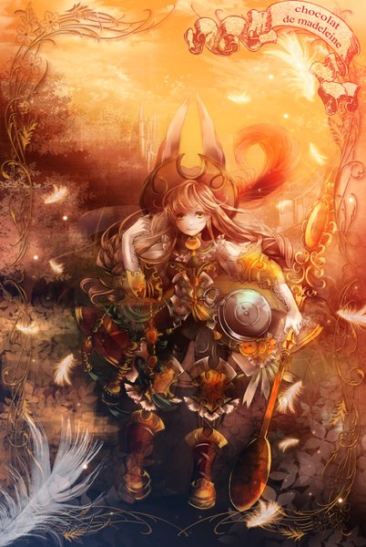 Anime picture 1000x1490 with original pixiv fantasia ankoro single long hair tall image looking at viewer brown hair yellow eyes braid (braids) girl dress plant (plants) hat boots feather (feathers) spoon
